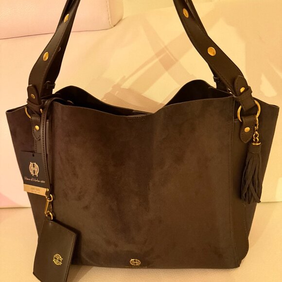 NWT HOUSE OF HARLOW 1960 LUXE TOTE SHOULDER BAG HOBO CARD CASE BROWN FAUX SUEDE - Picture 2 of 8